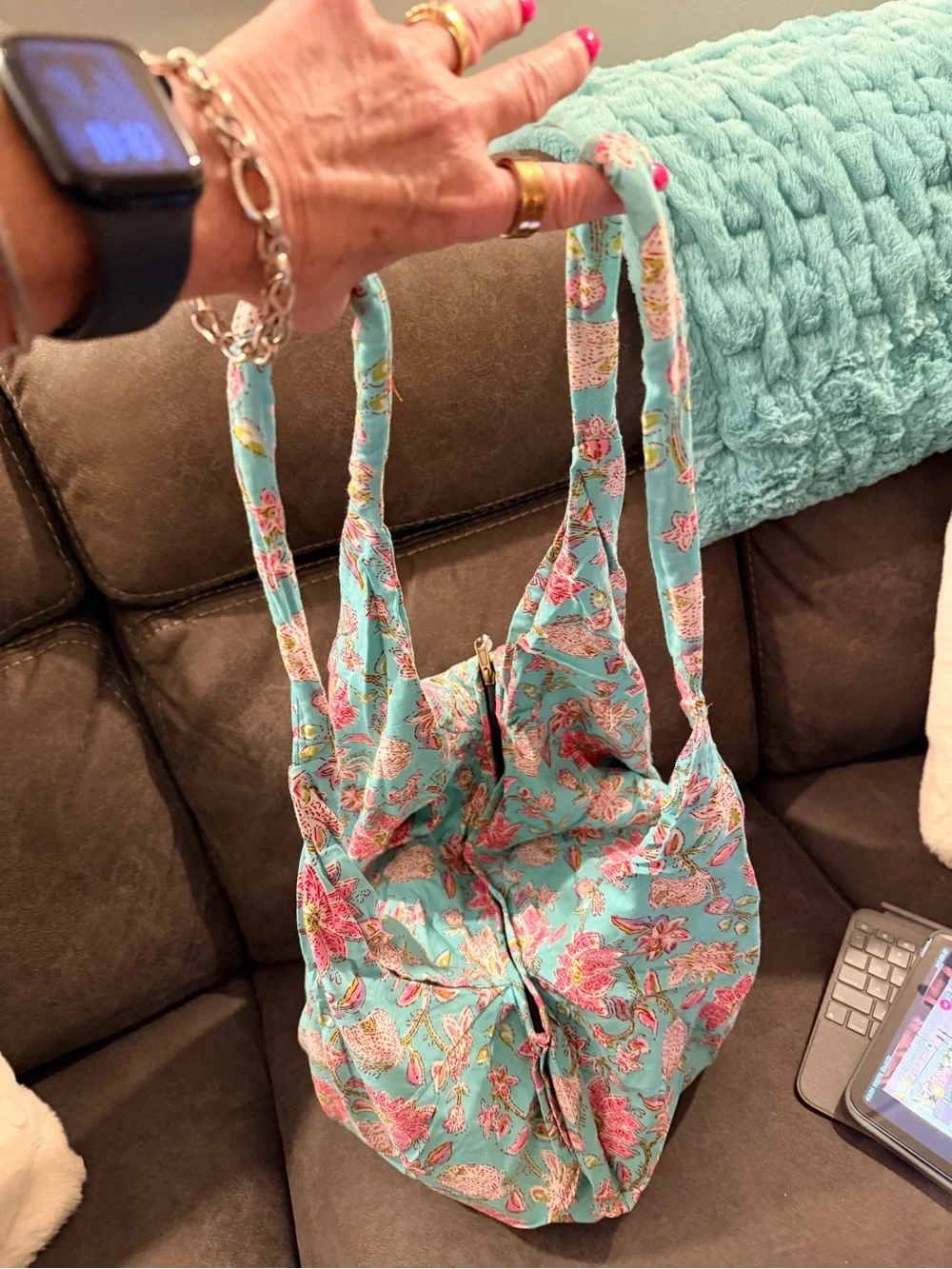 Karma Highway Floral Tote Bag in Aqua and Pink